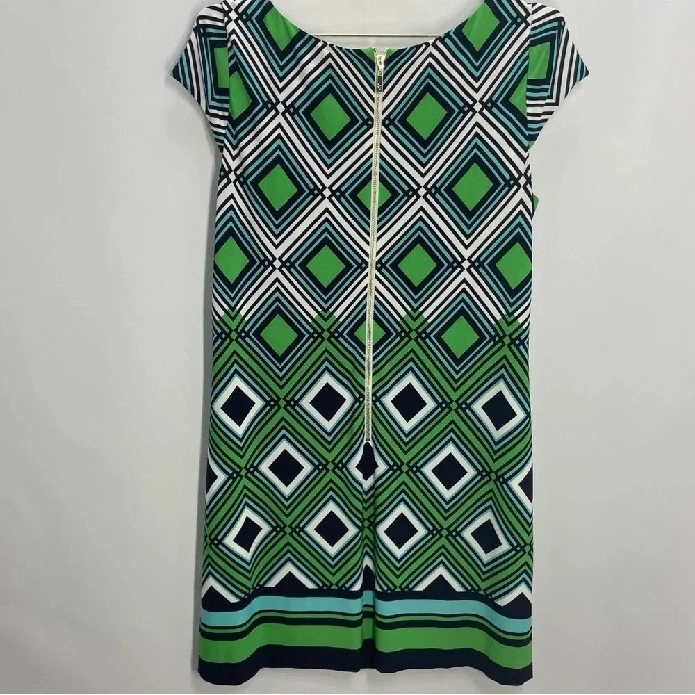 Eliza J Geometric Art to Wear Unique  Green Navy Cap Sleeve Shift Midi Dress - Picture 8 of 8